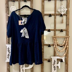 BloomChic Navy Eyelet Peasant Tunic with Floral Tie